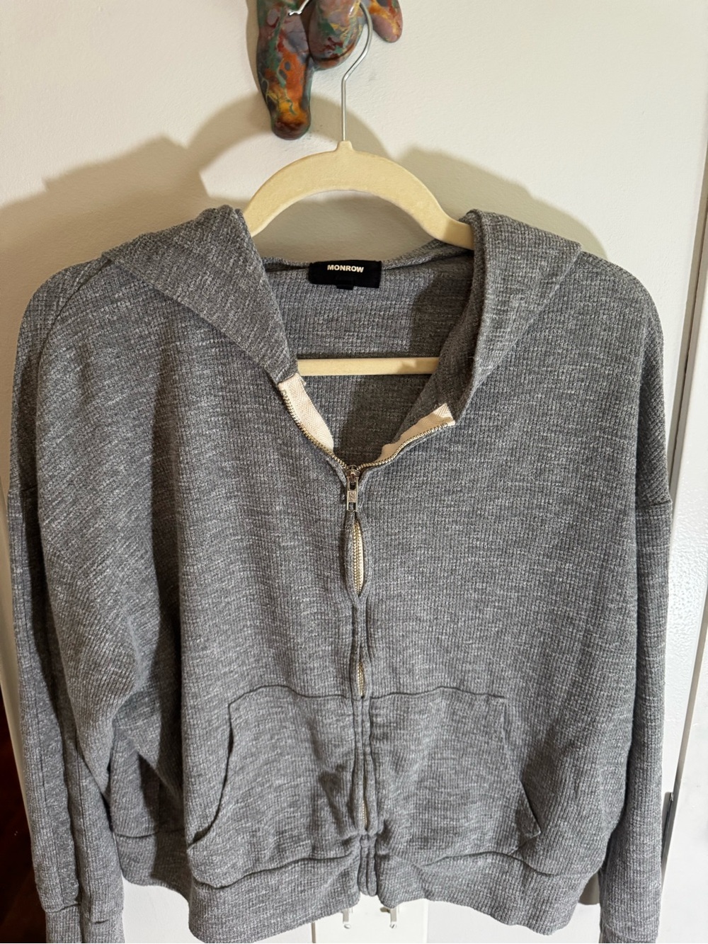 Monrow Grey Ribbed Original Zip Up Hoodie - Picture 5 of 11